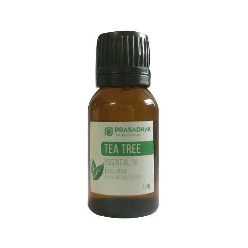 Prasadhak Tea Tree Essential Oil bottle - 100% pure oil for aromatherapy