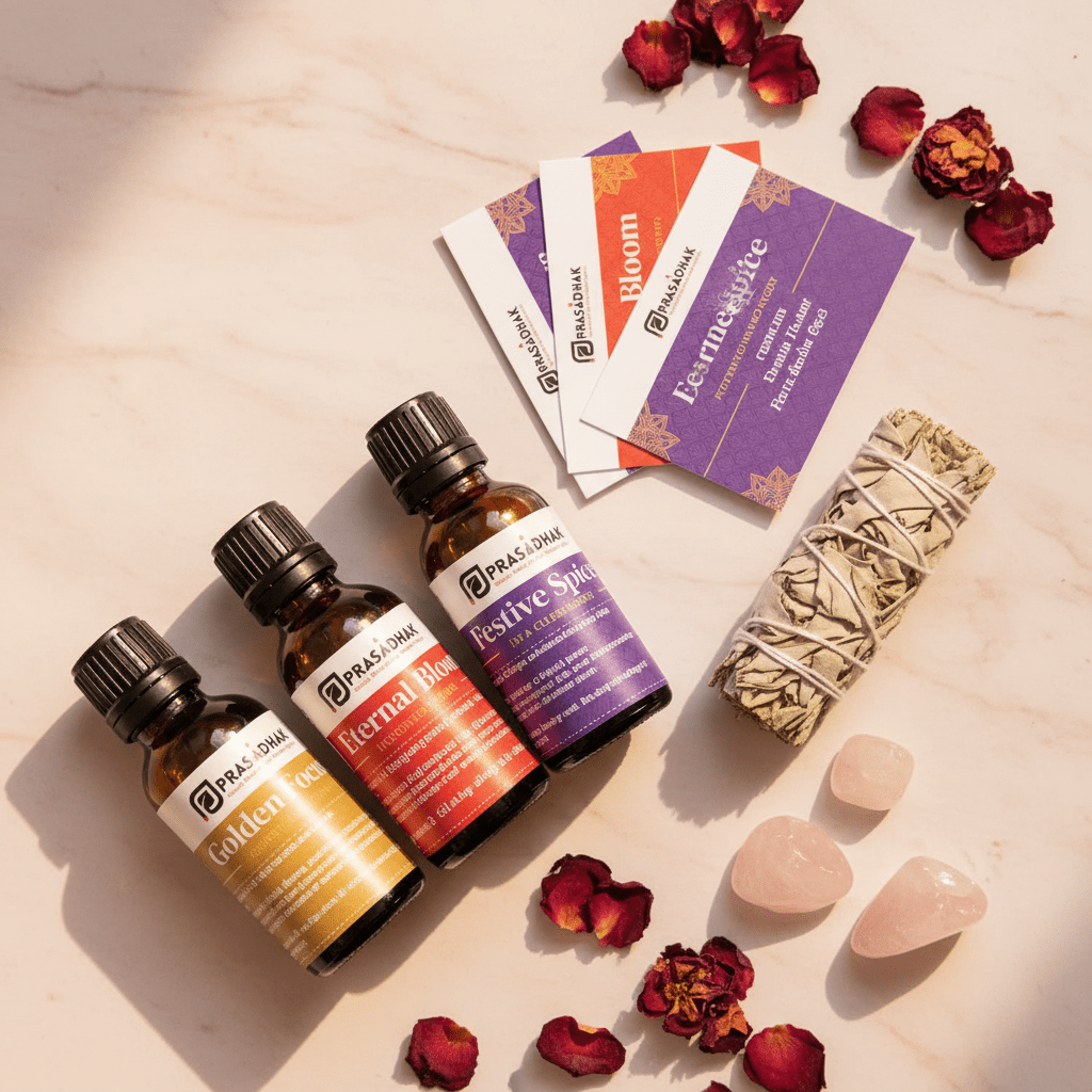 Three essential oil bottles labeled Prasadhak Golden Focus, Eternal Bloom, and Festive Spice on a light marble surface.