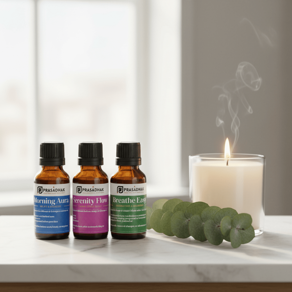 Three amber glass essential oil bottles labeled Prasadhak—Morning Aura, Serenity Flow, and Breathe Easy