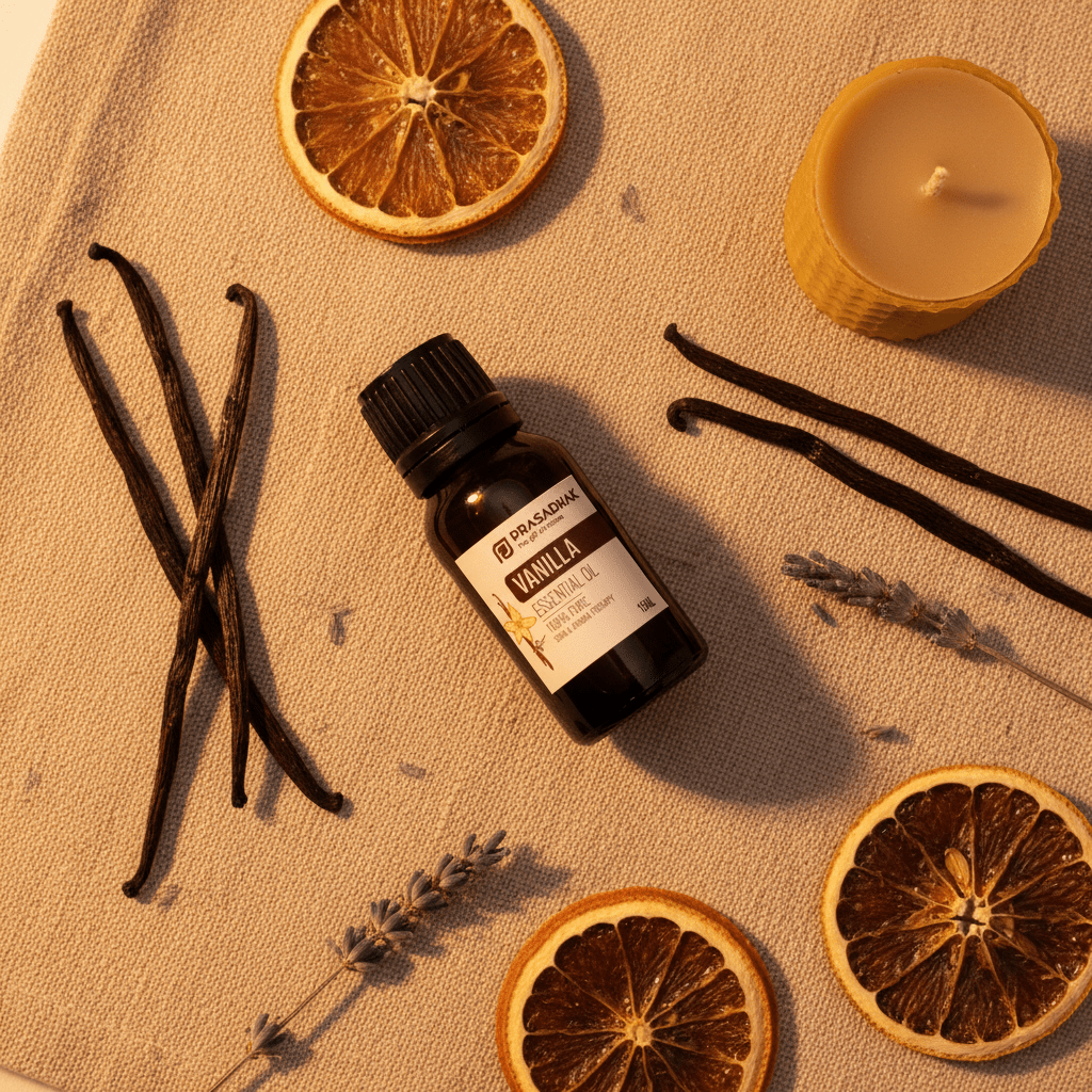 A bottle of Prasadhak Vanilla Oil with a black cap and white label, styled on a beige linen surface with dried orange slices, vanilla beans, lavender sprigs, and a lit candle.