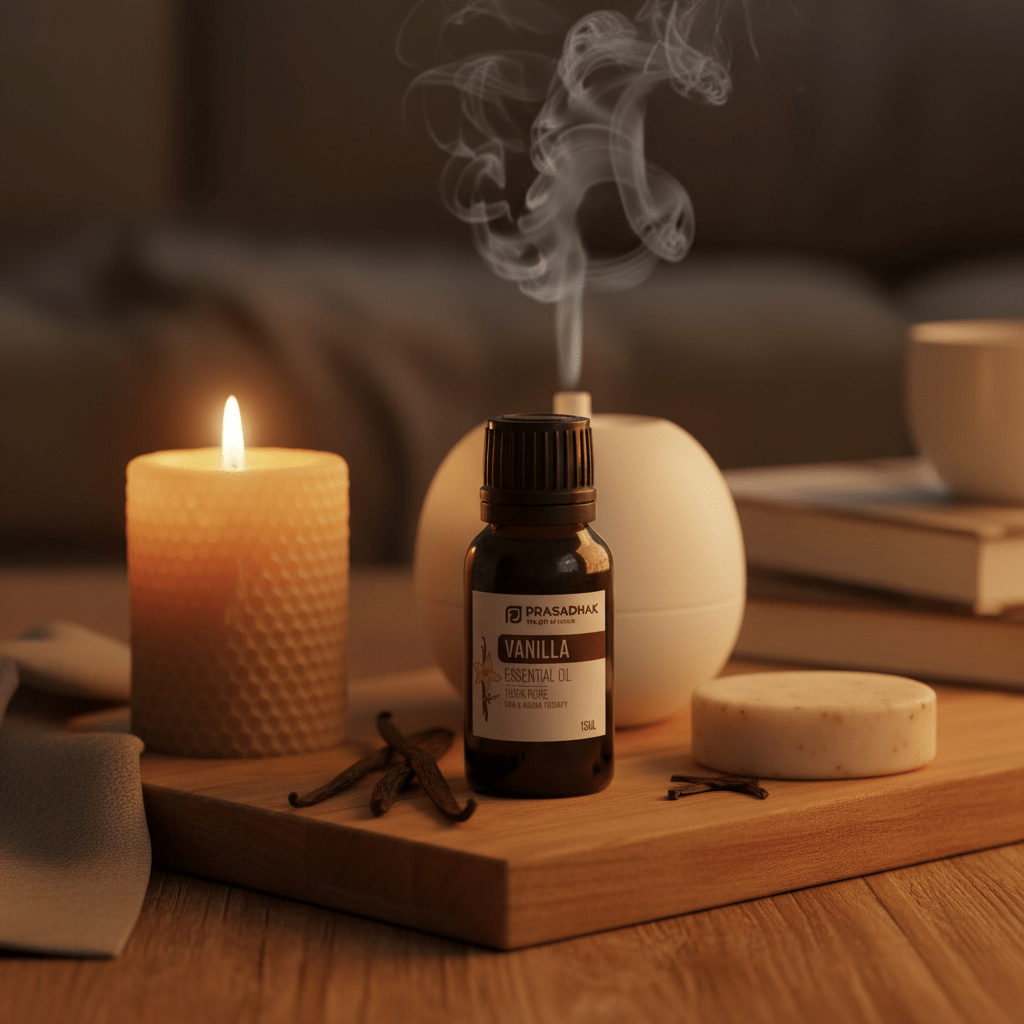 A bottle of Prasadhak vanilla essential oil centered on a wooden tray, surrounded by a lit candle, a diffuser with visible smoke, vanilla beans, and a soap bar in a warm, cozy bedroom setting.