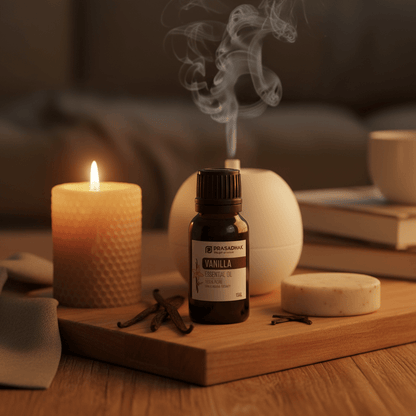 A bottle of Prasadhak vanilla essential oil centered on a wooden tray, surrounded by a lit candle, a diffuser with visible smoke, vanilla beans, and a soap bar in a warm, cozy bedroom setting.