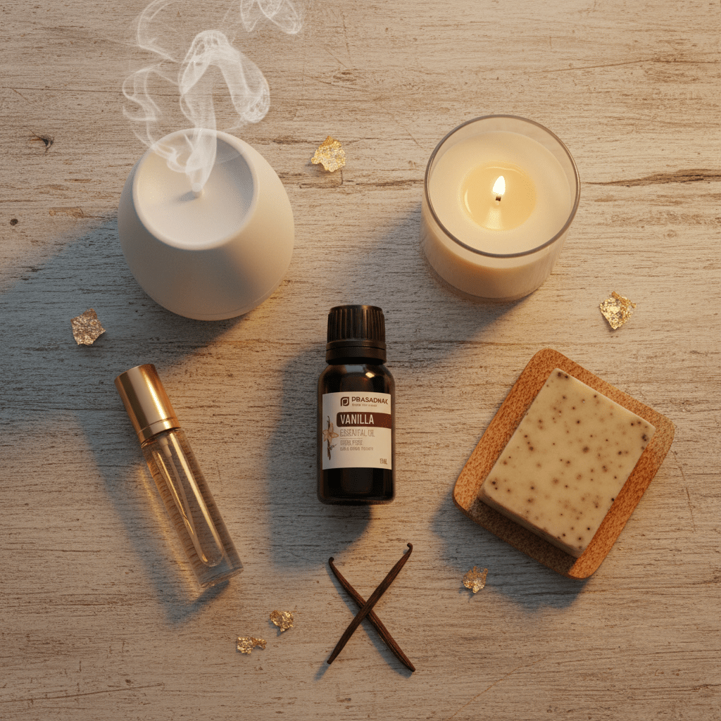 A styled flat-lay of vanilla-scented self-care items on a light wood surface: a white diffuser with rising steam, a lit candle in a glass jar, a small amber essential oil bottle labeled Prasadhak Vanilla, a clear perfume roller bottle, a square soap bar on a coaster, vanilla beans, and gold leaf flakes.