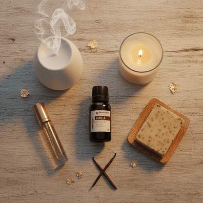 A styled flat-lay of vanilla-scented self-care items on a light wood surface: a white diffuser with rising steam, a lit candle in a glass jar, a small amber essential oil bottle labeled Prasadhak Vanilla, a clear perfume roller bottle, a square soap bar on a coaster, vanilla beans, and gold leaf flakes.