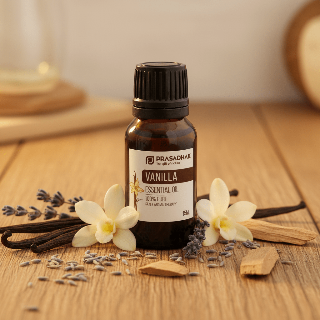 A 10mL bottle of Prasadhak Vanilla Essential Oil on a wooden table, surrounded by vanilla beans, lavender flowers, and lavender buds.